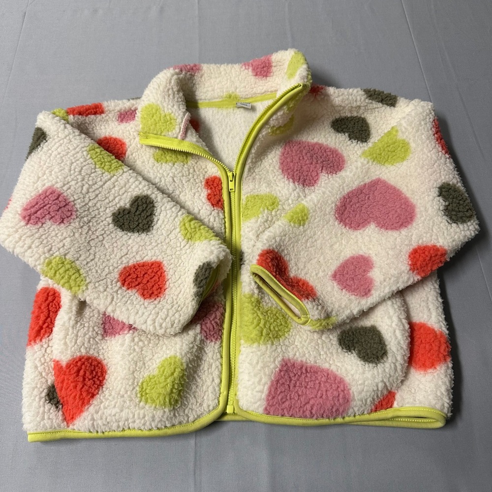 Old Navy Kids Girls White Sherpa Fleece Heart Print Full Zip Jacket Size M 8